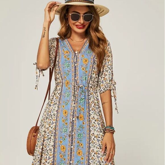 NEW! Boho Relaxed Blue Block Color Floral Printed Skater Knee Length Dress - Picture 3 of 5